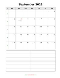September 2023 Blank Calendar (vertical, space for notes)