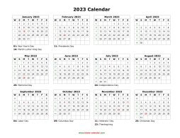 blank holidays calendar 2023 landscape