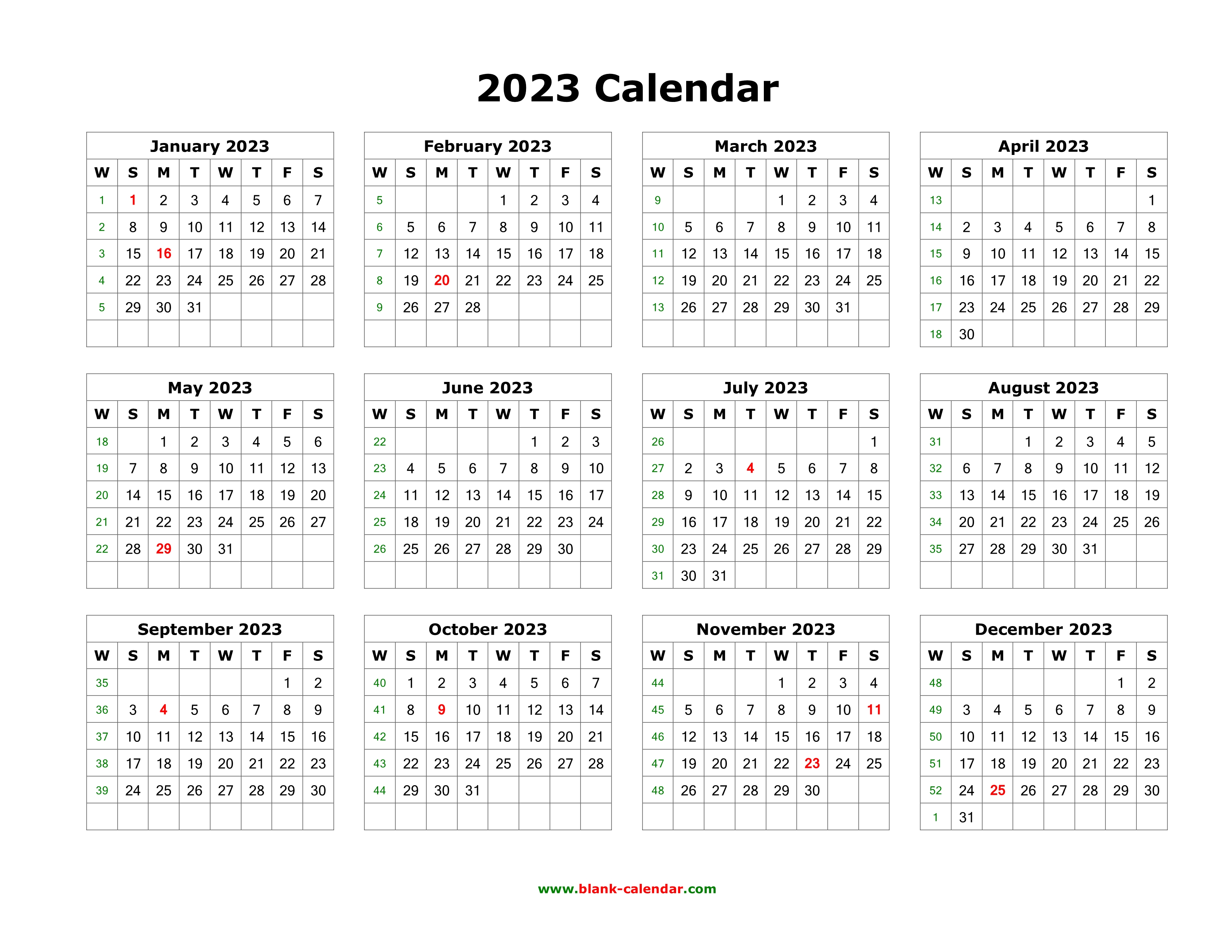 Download Blank Calendar 2023 12 Months On One Page Horizontal