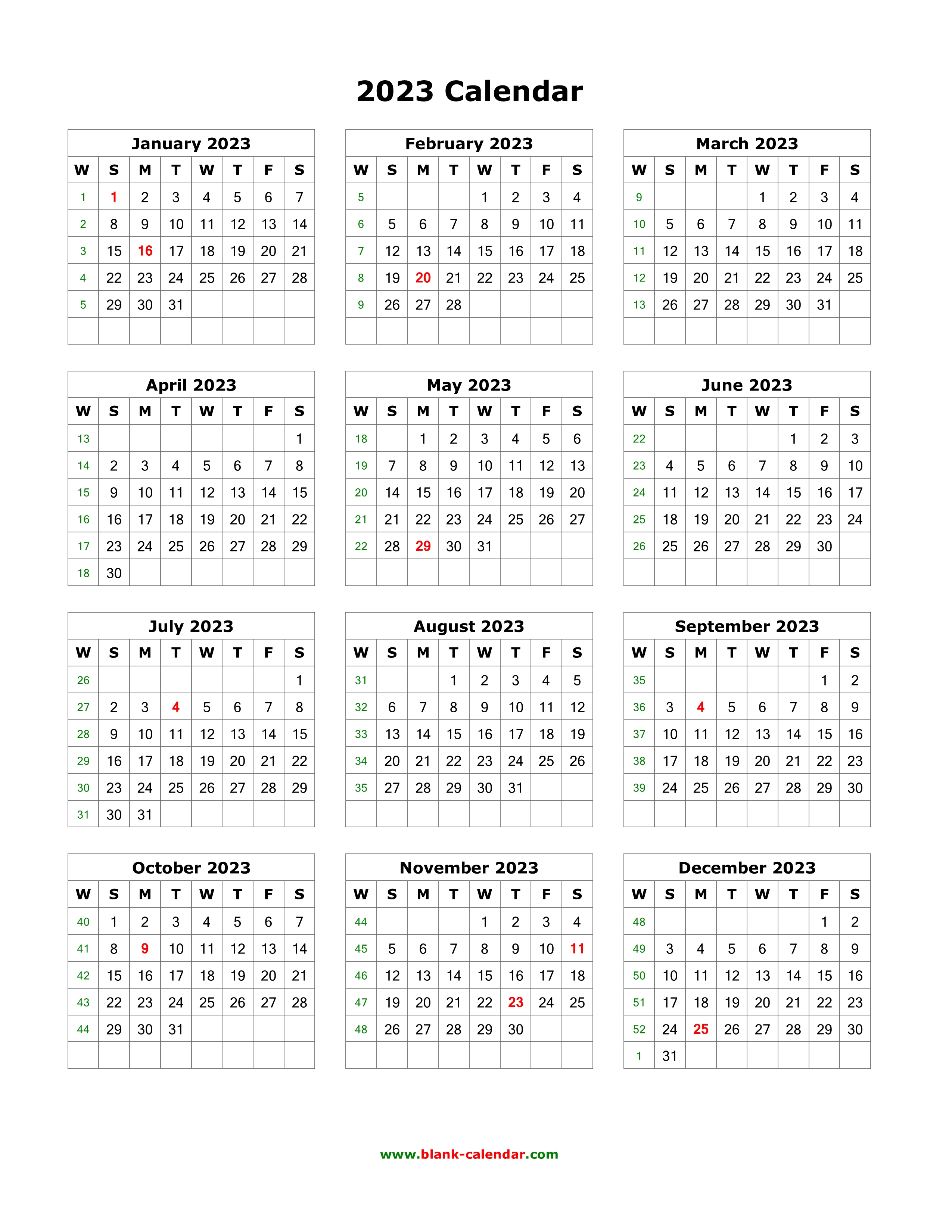 Yearly Calendar 2023 Printable One Page 2023 Calendar Printable