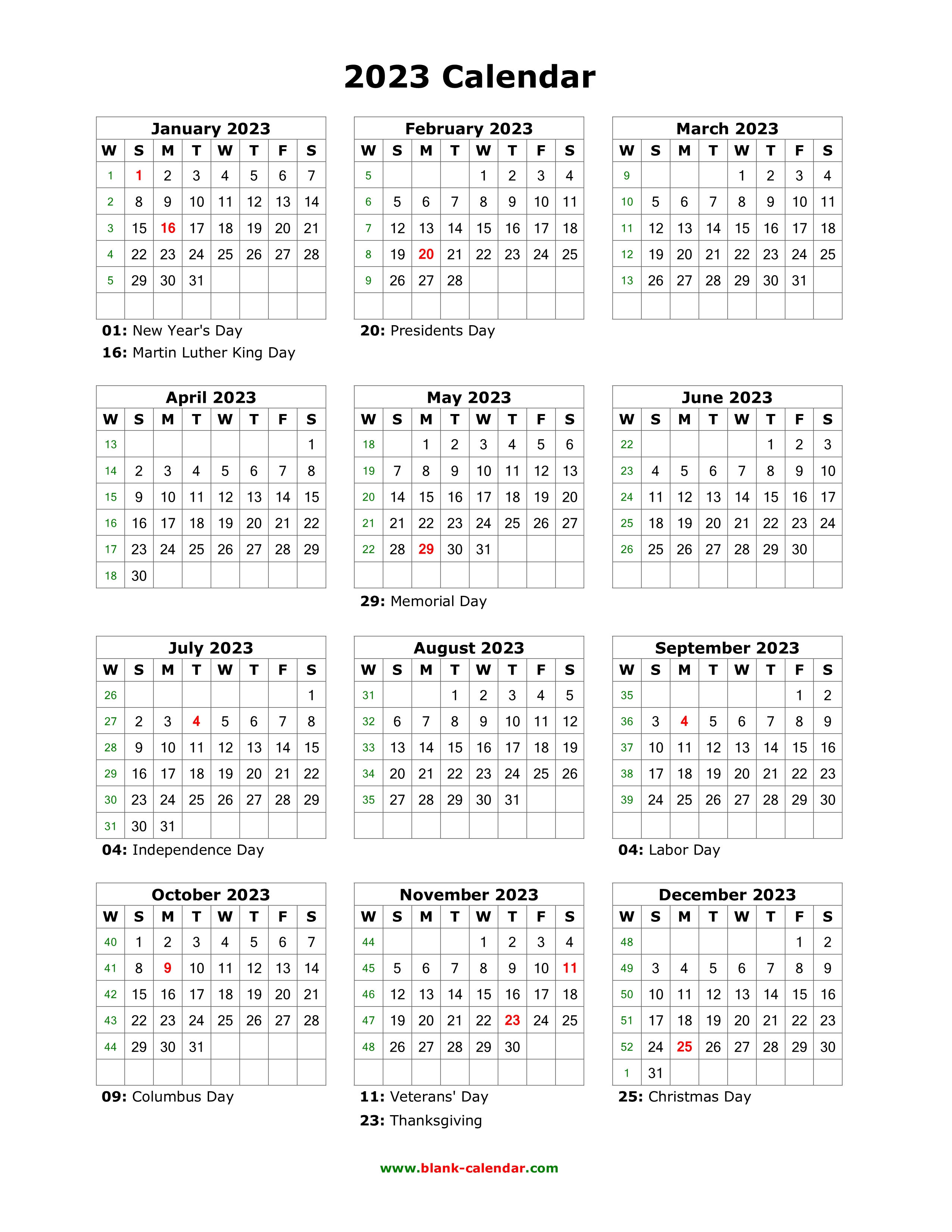 Download Blank Calendar 2023 With Us Holidays 12 Months On One Page Vertical