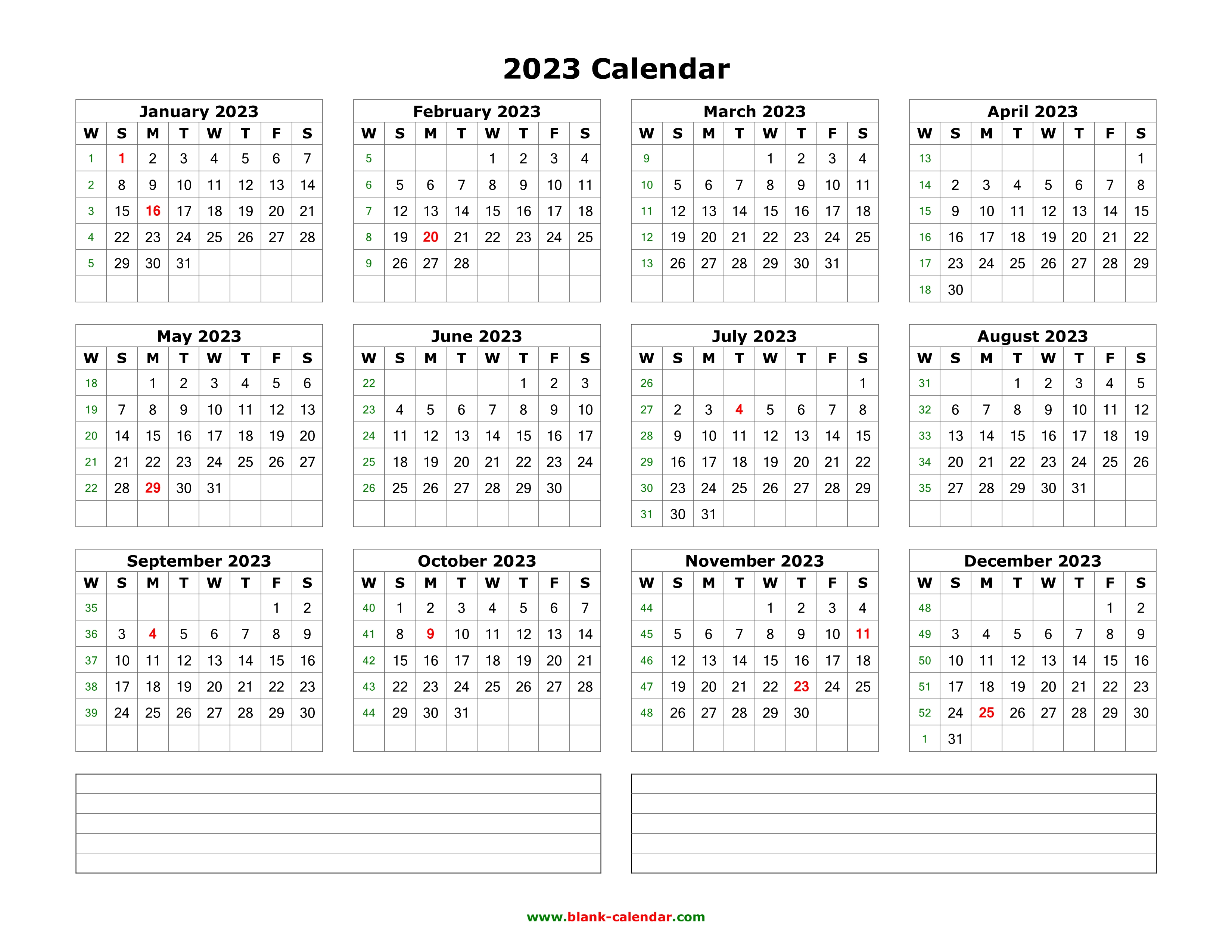 download blank calendar 2023 with space for notes 12 months on one page horizontal