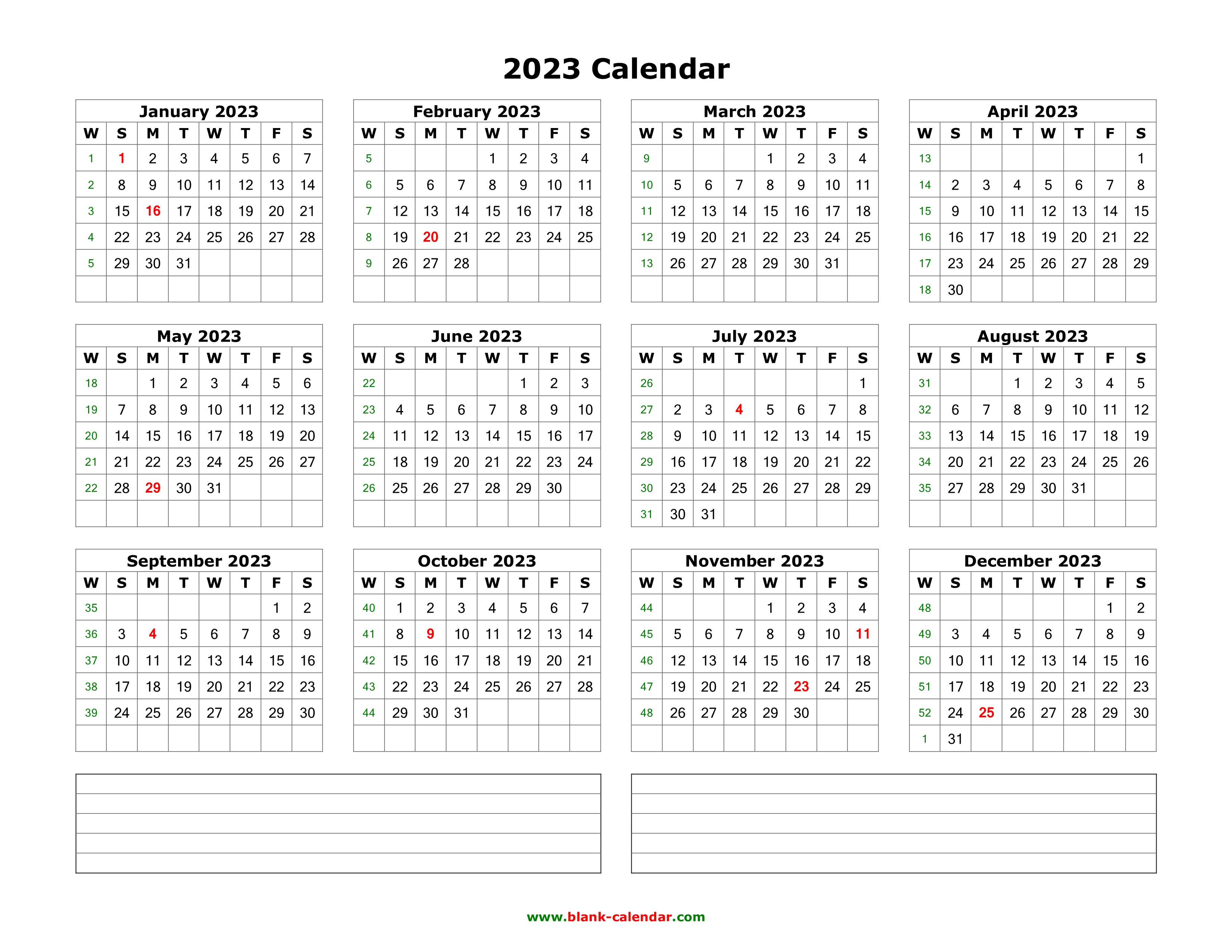 Download Blank Calendar 2023 with Space for Notes (12 months on one page,  horizontal)