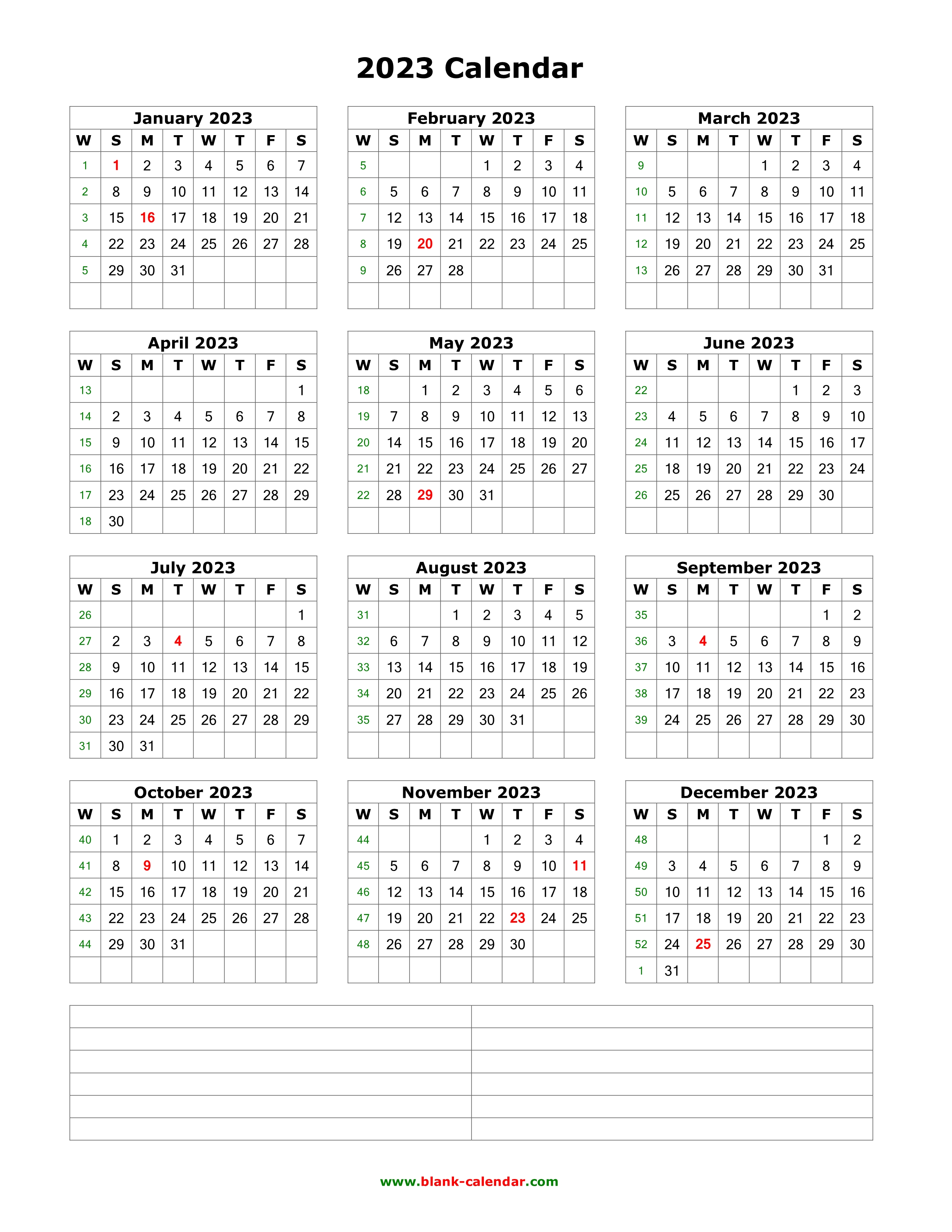 Download Blank Calendar 2023 with Space for Notes (12 months on one page,  vertical)