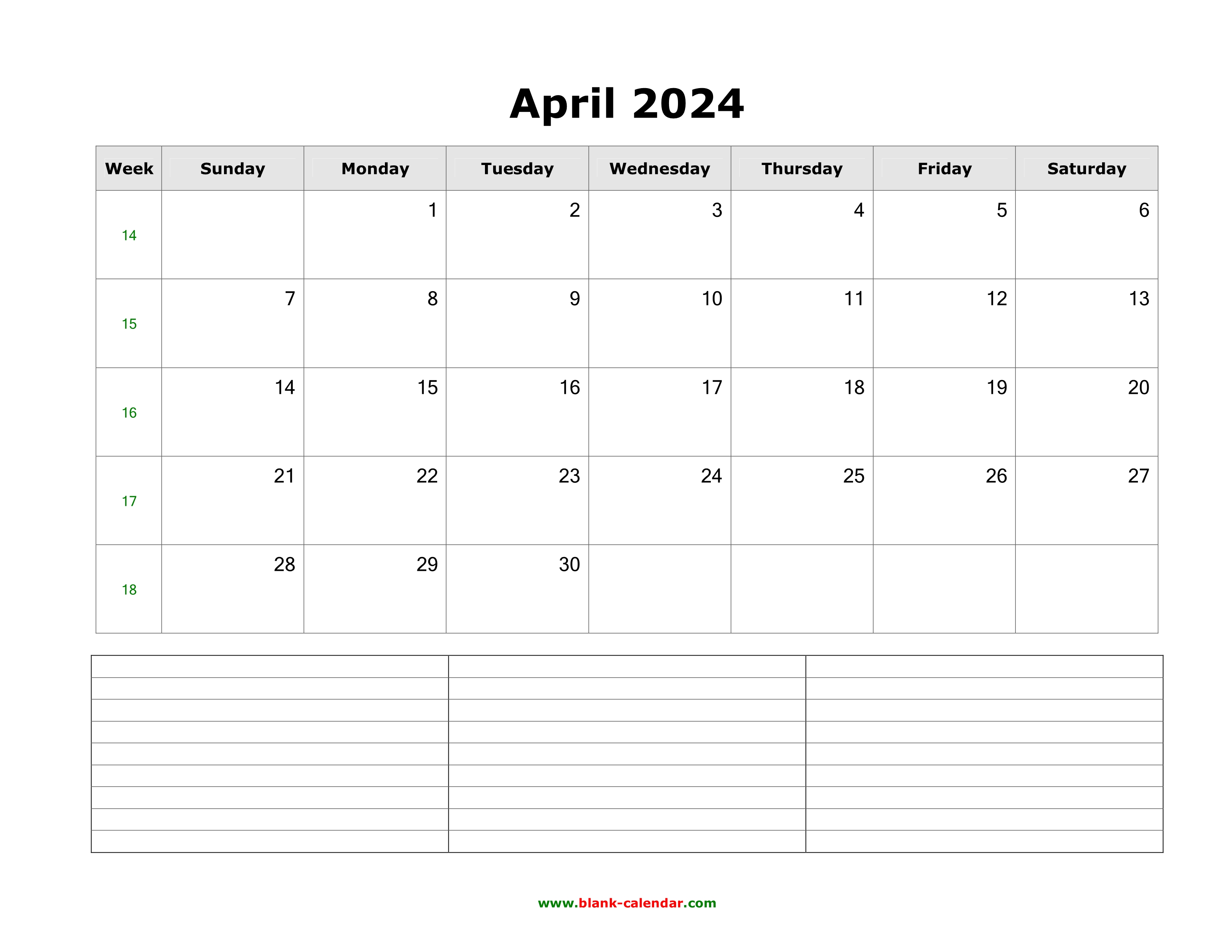Download April 2024 Blank Calendar with Space for Notes (horizontal)