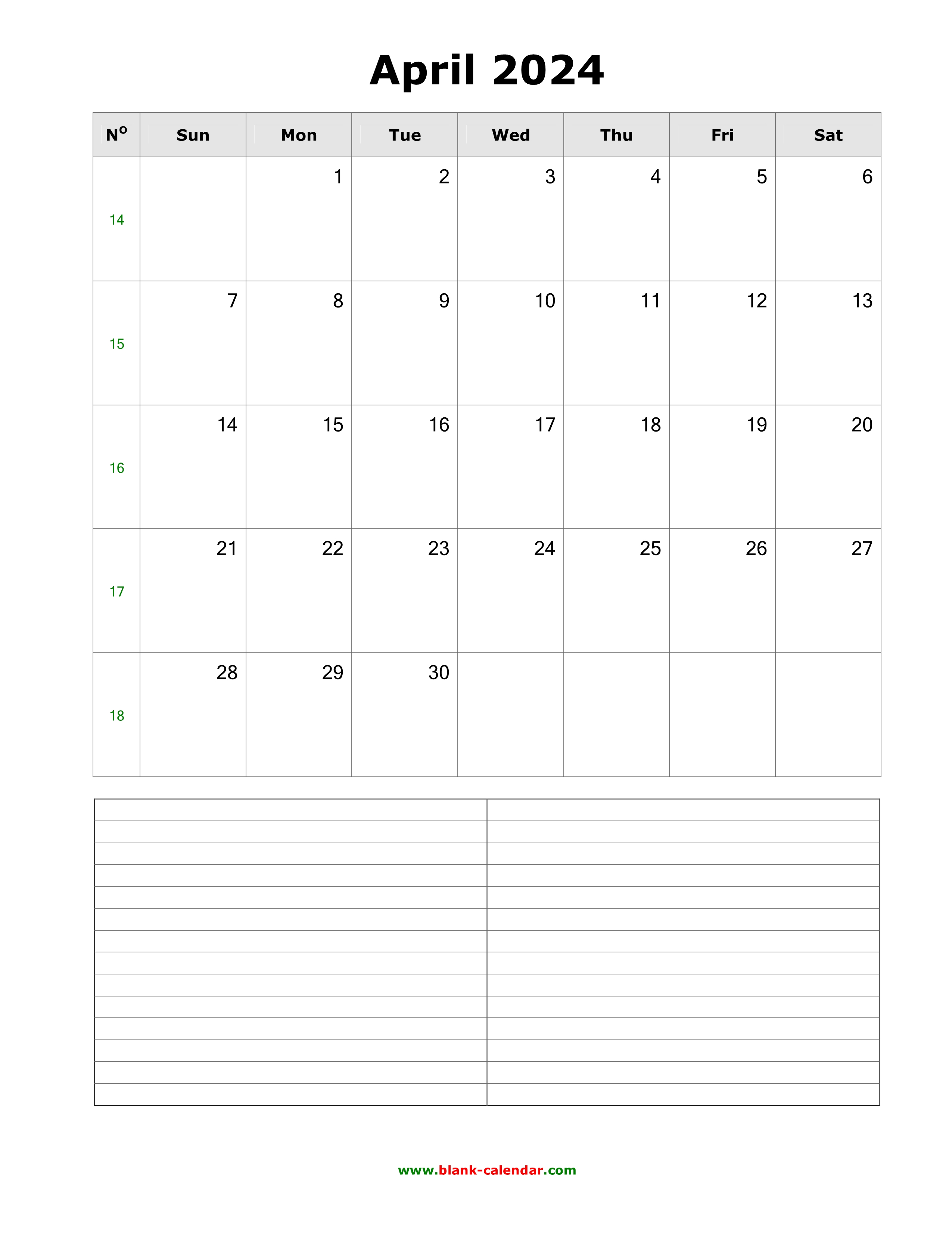 Download April 2024 Blank Calendar with Space for Notes (vertical)