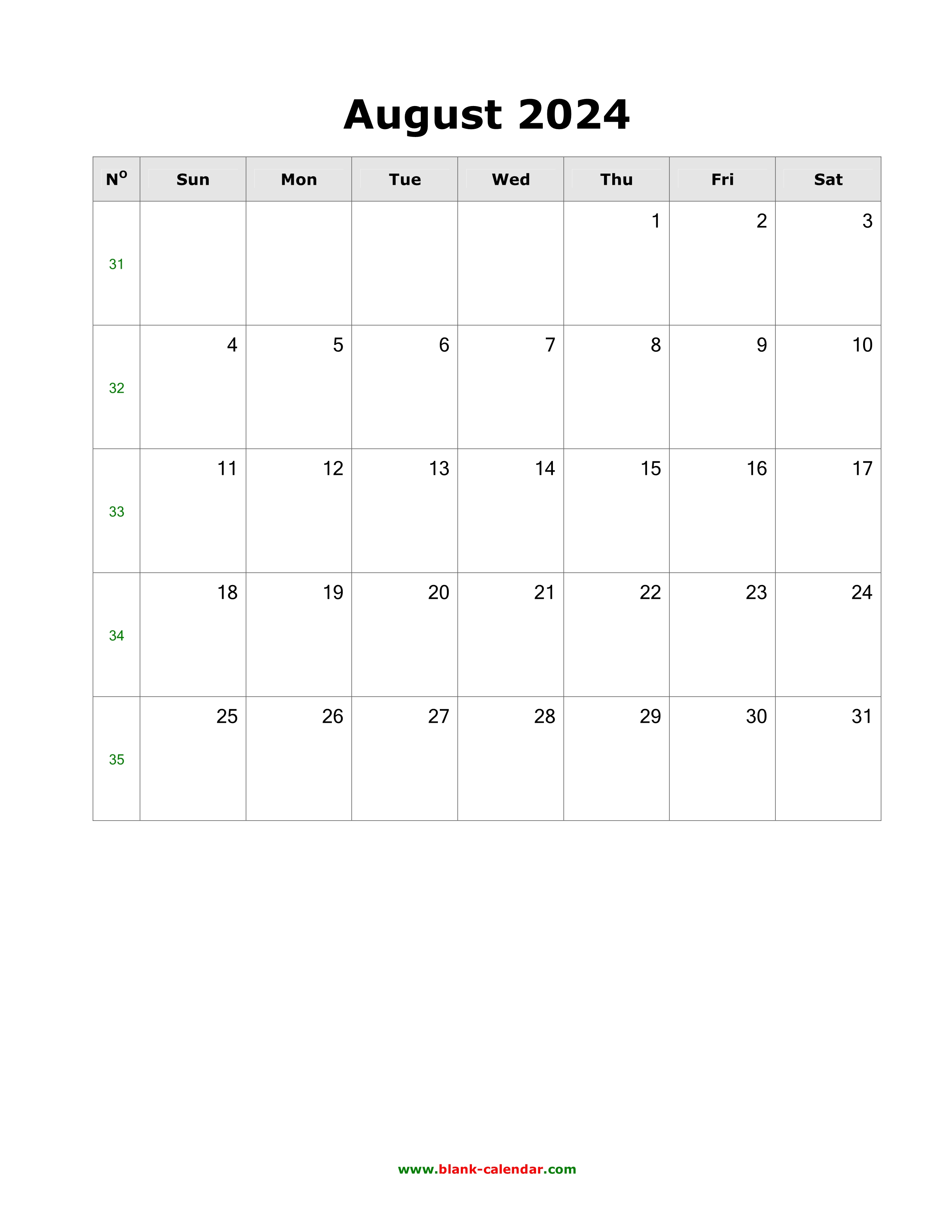 Download August 2024 Blank Calendar with US Holidays (vertical)