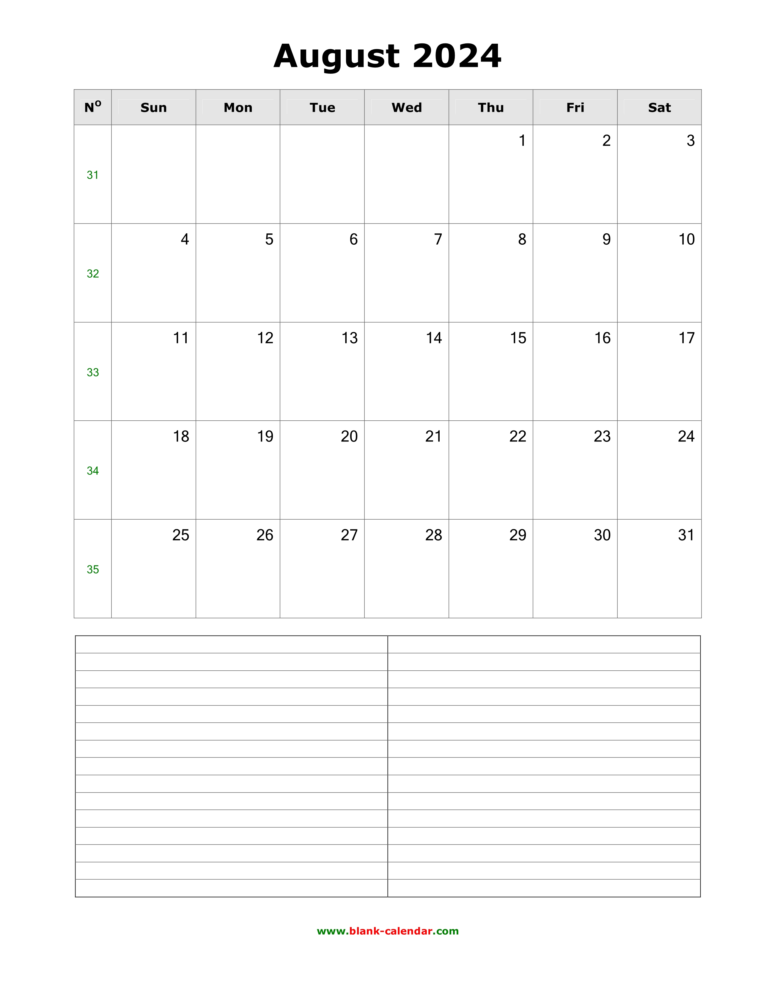 Download August 2024 Blank Calendar with Space for Notes (vertical)