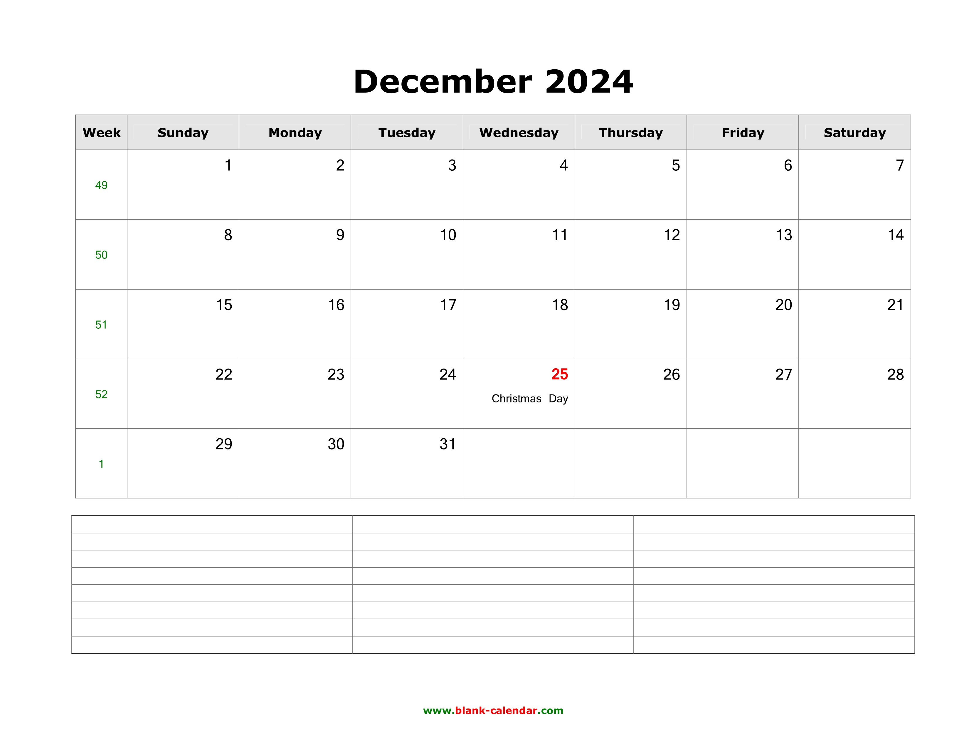 Download December 2024 Blank Calendar with Space for Notes (horizontal)