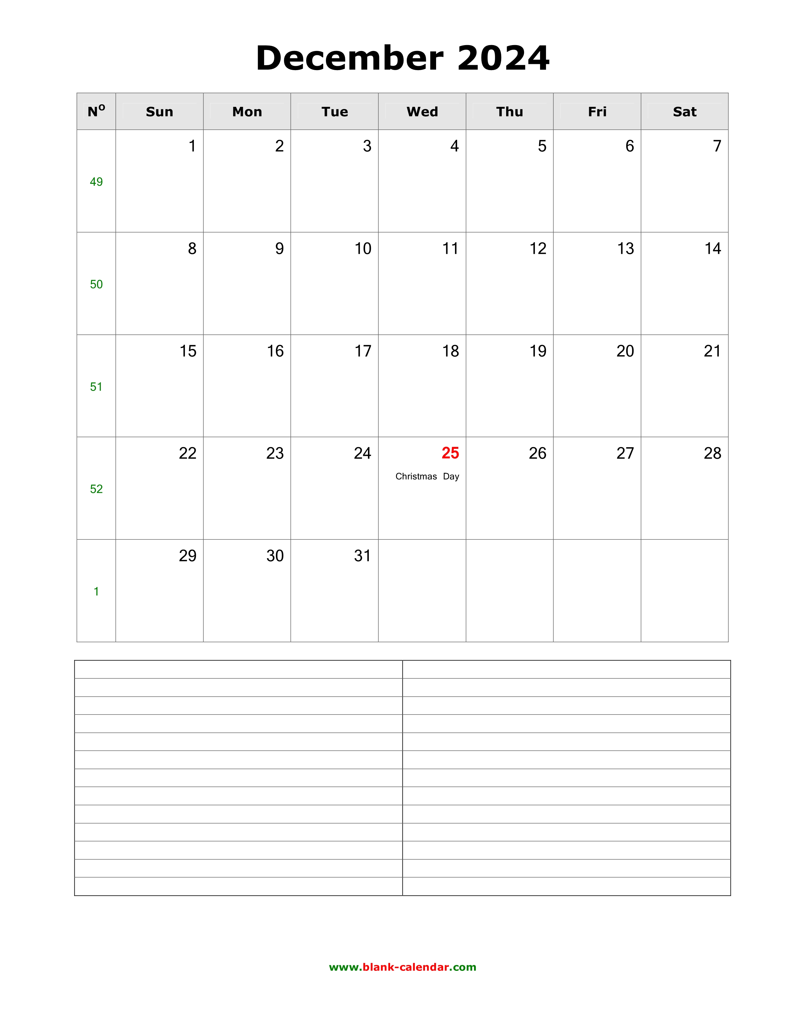 Download December 2024 Blank Calendar with Space for Notes (vertical)