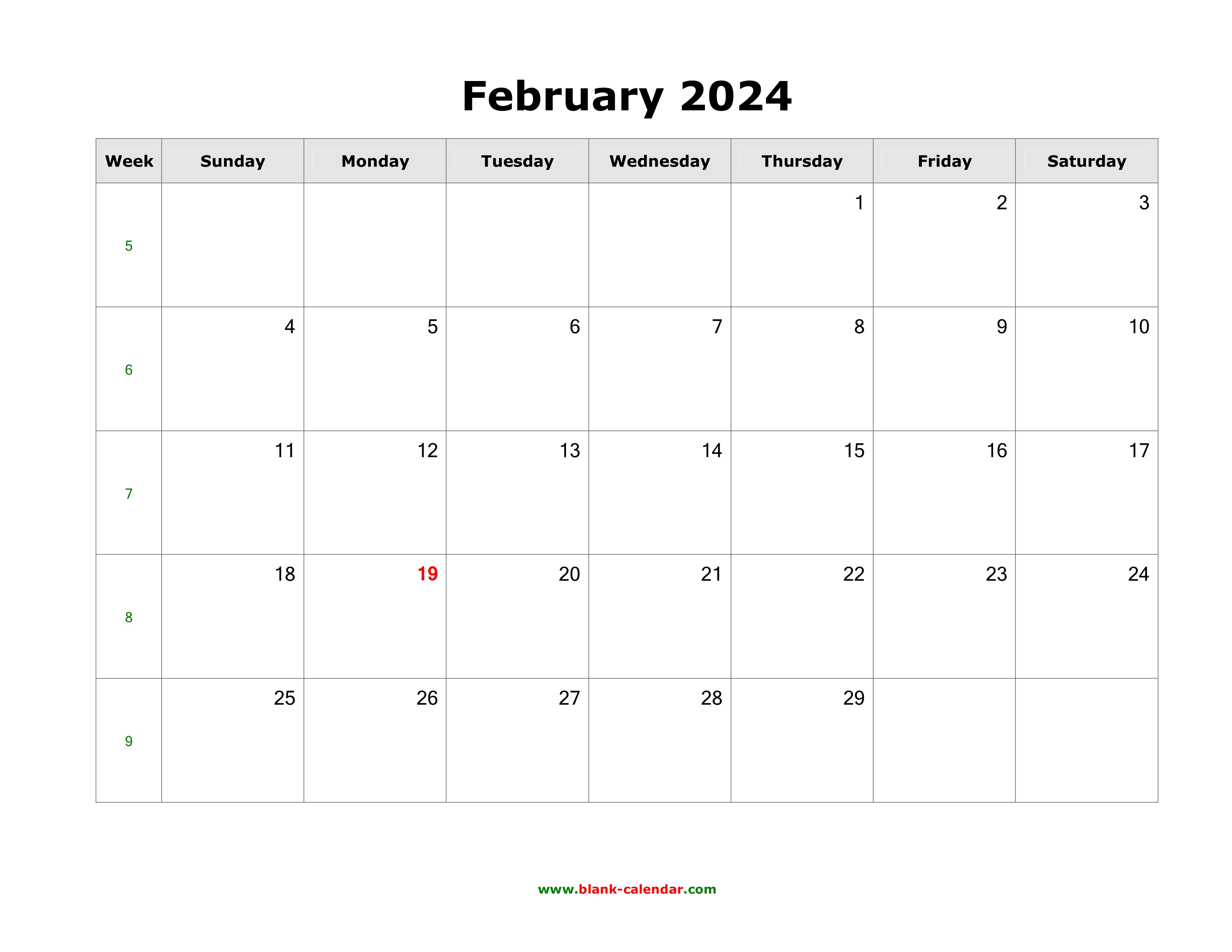 Download February 2024 Blank Calendar (horizontal)