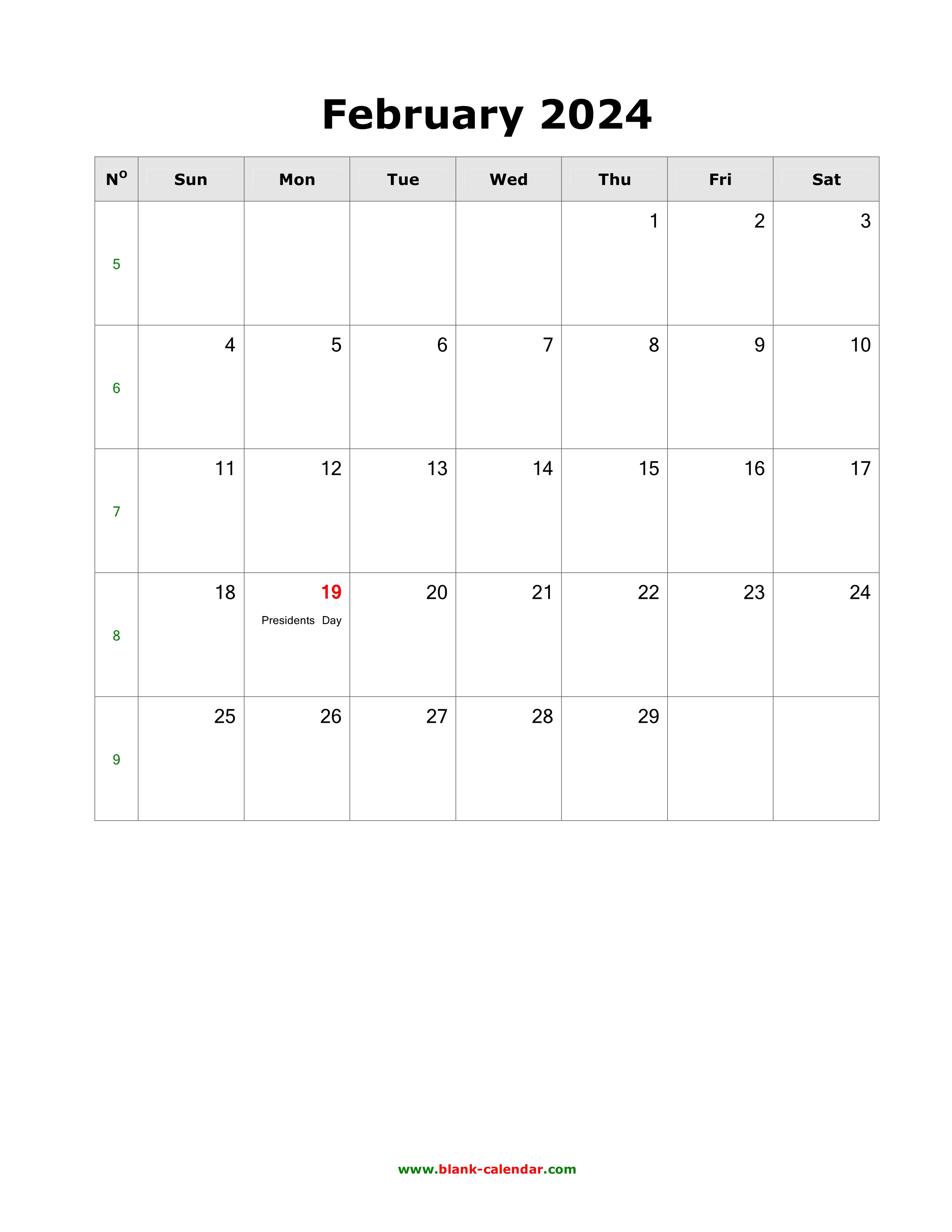 Download February 2024 Blank Calendar with US Holidays (vertical)