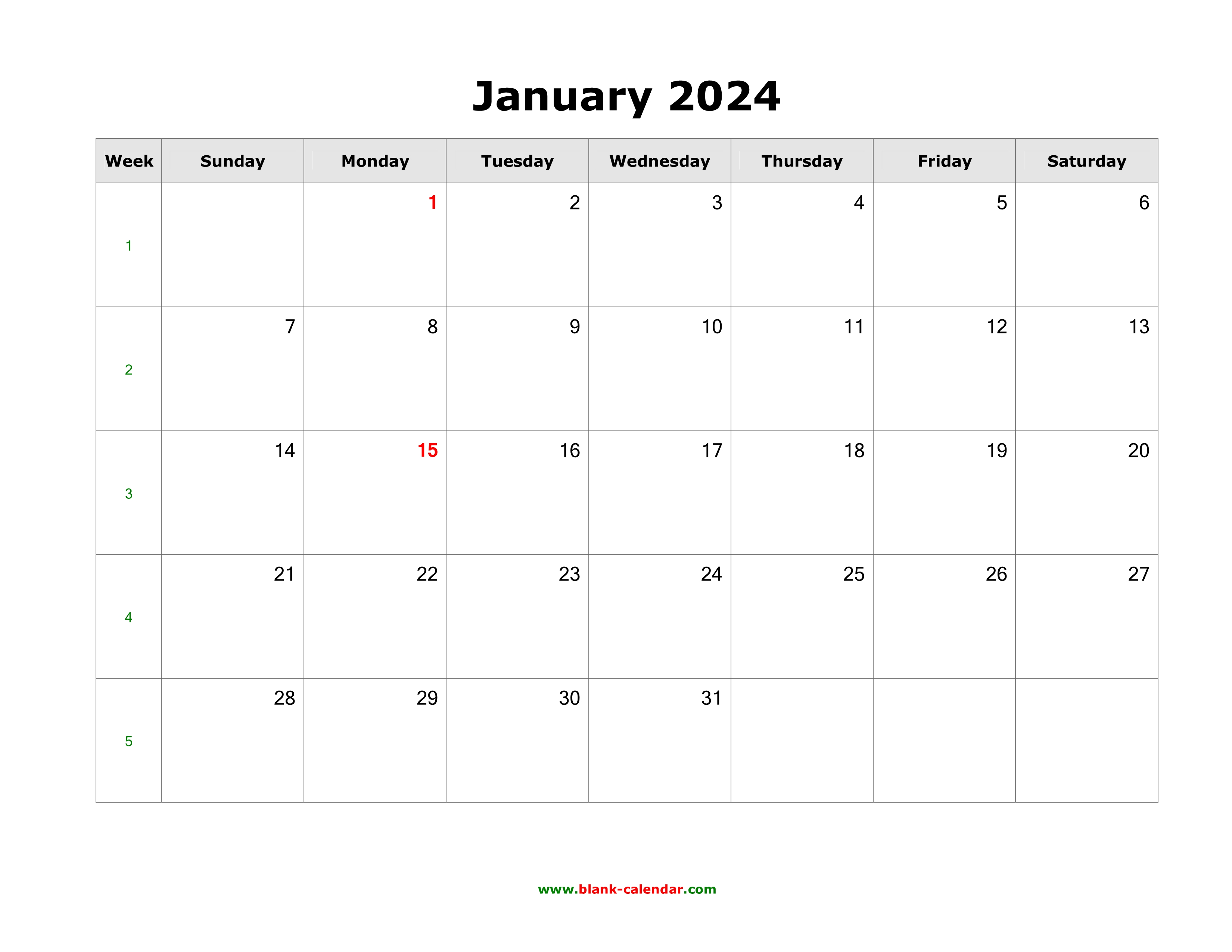 Download January 2024 Blank Calendar horizontal 