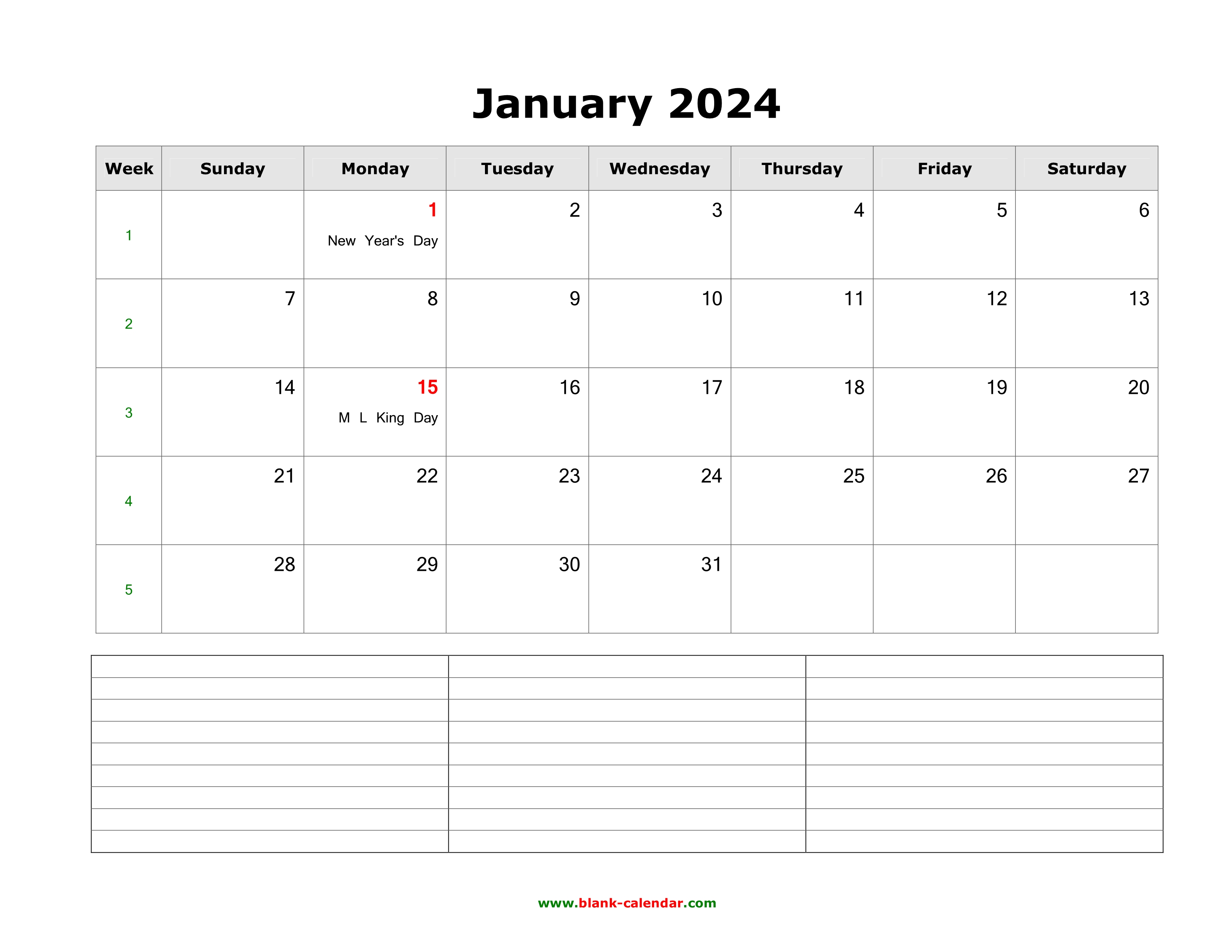 Download January 2024 Blank Calendar with Space for Notes (horizontal)