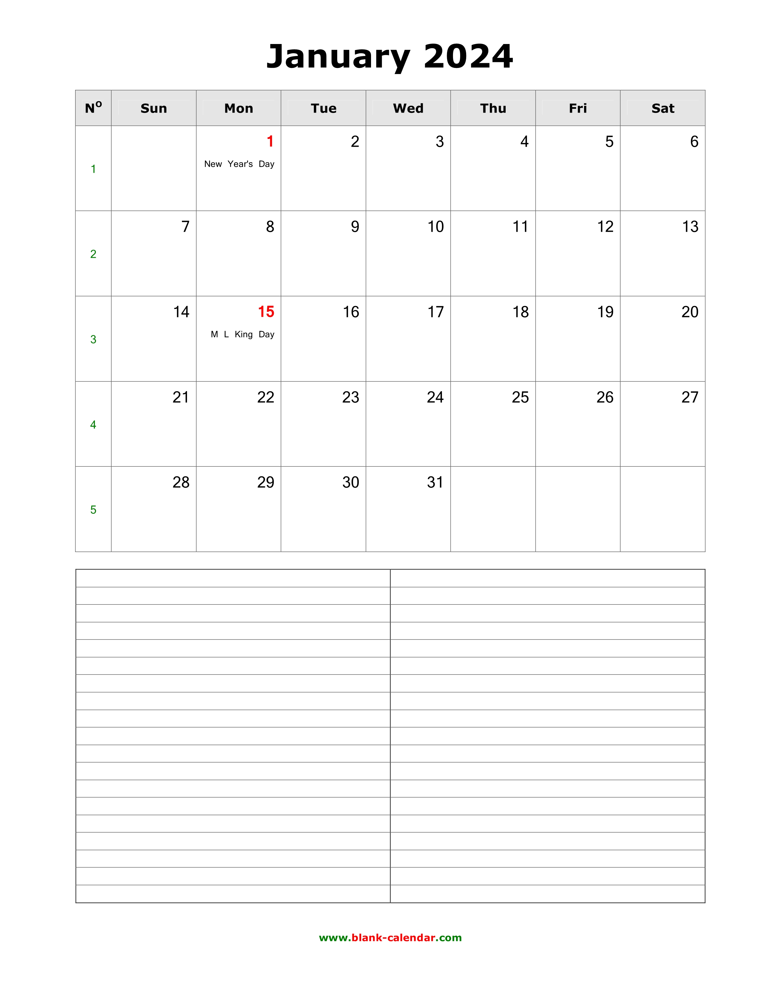 Download January 2024 Blank Calendar with Space for Notes (vertical)