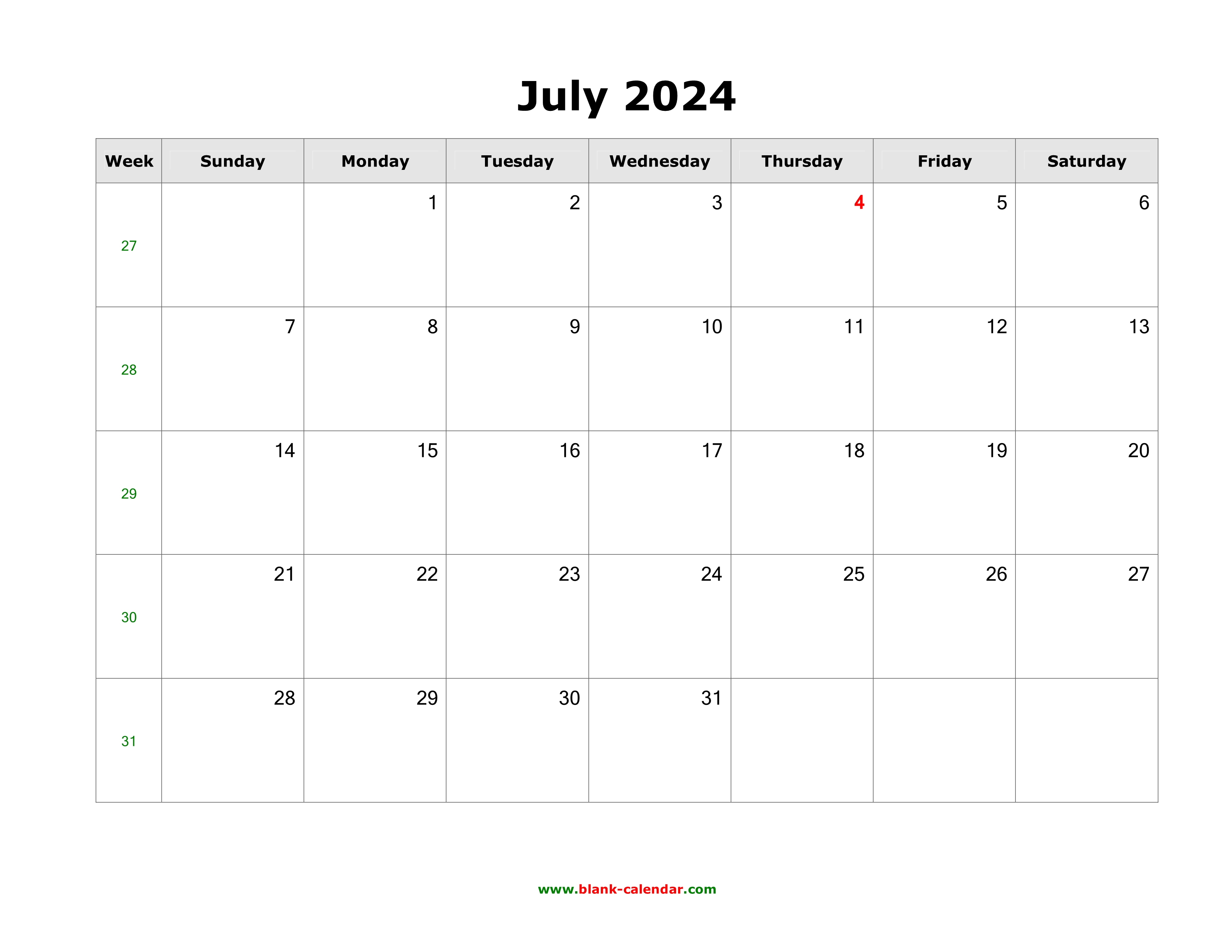 Download July 2024 Blank Calendar (horizontal)