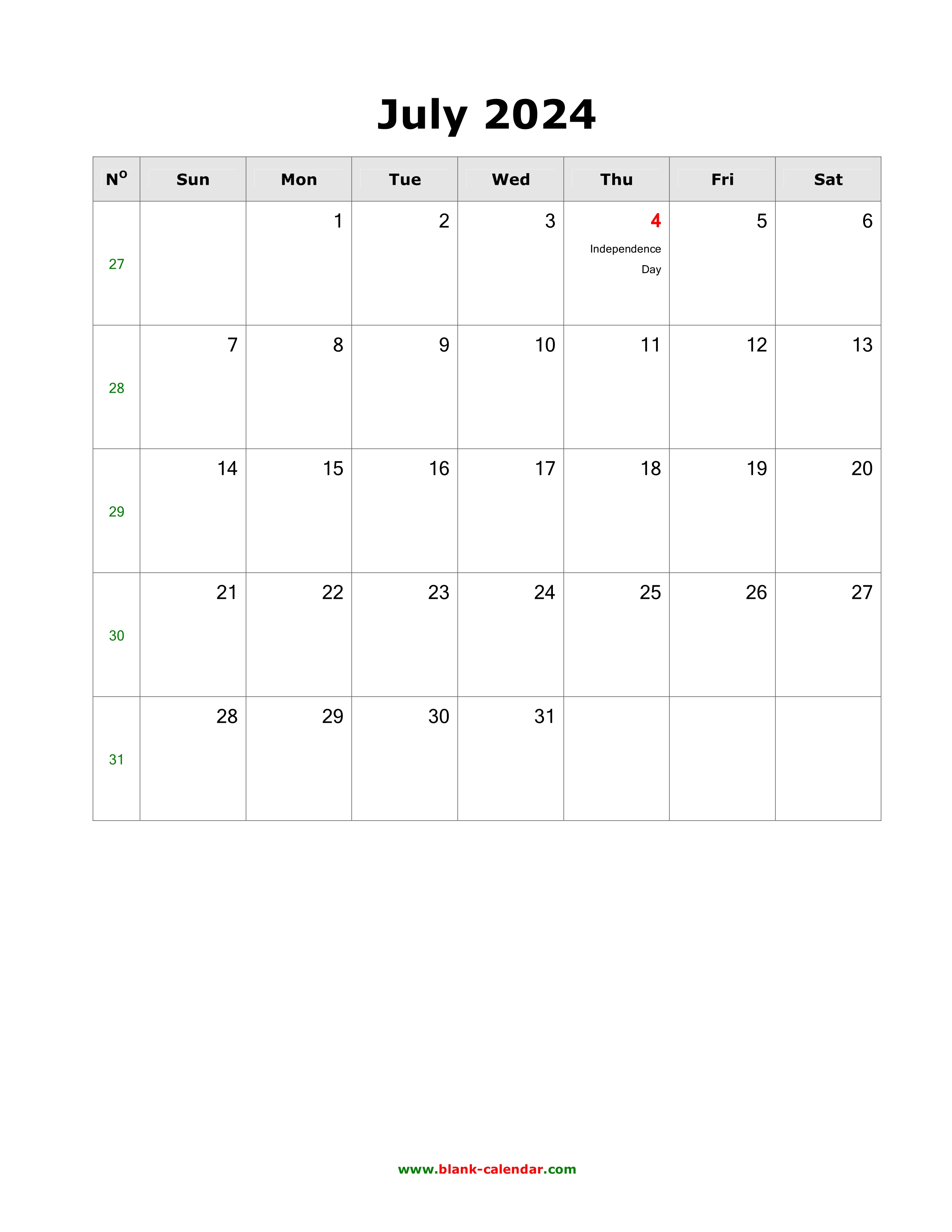 Download July 2024 Blank Calendar with US Holidays (vertical)