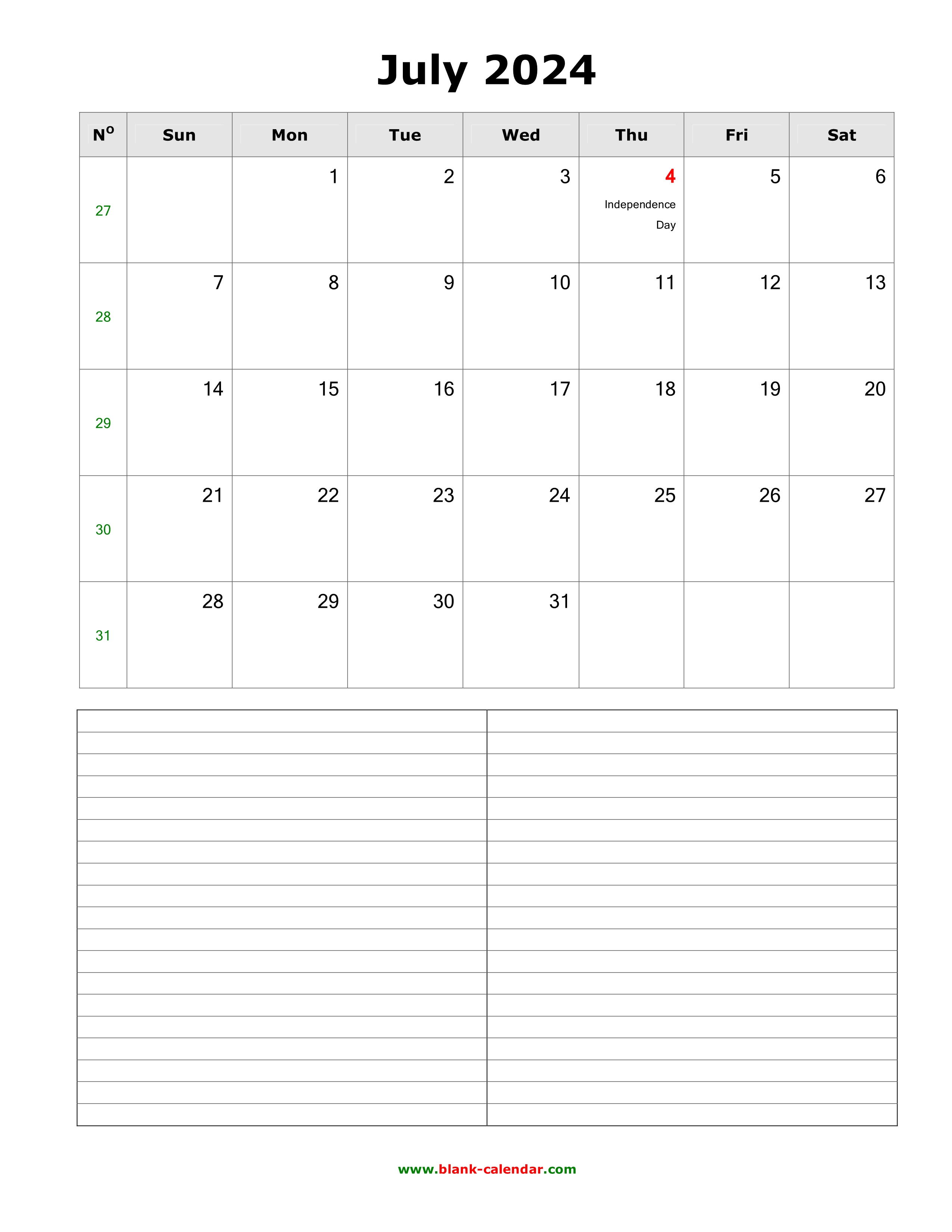 Download July 2024 Blank Calendar with Space for Notes (vertical)