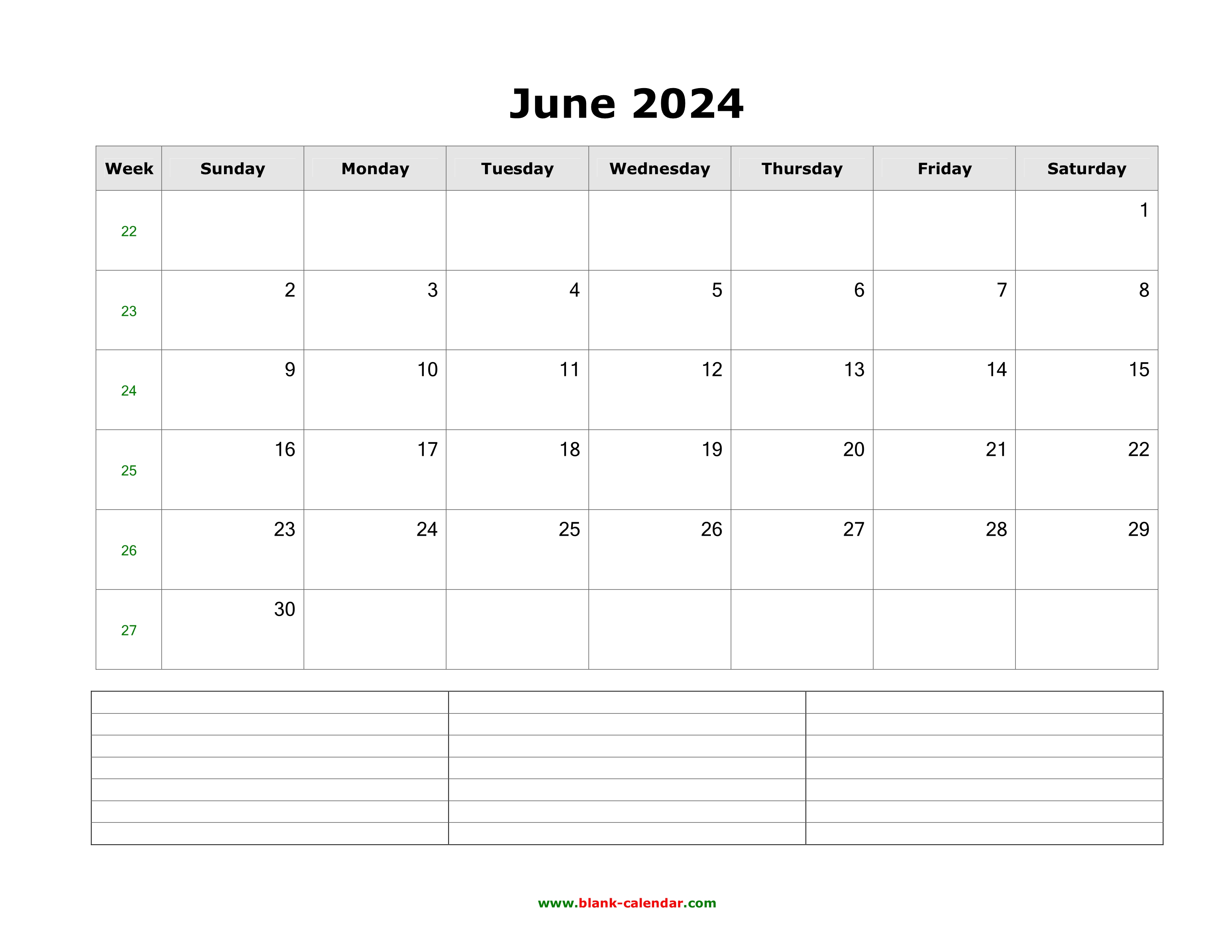 Download June 2024 Blank Calendar with Space for Notes (horizontal)