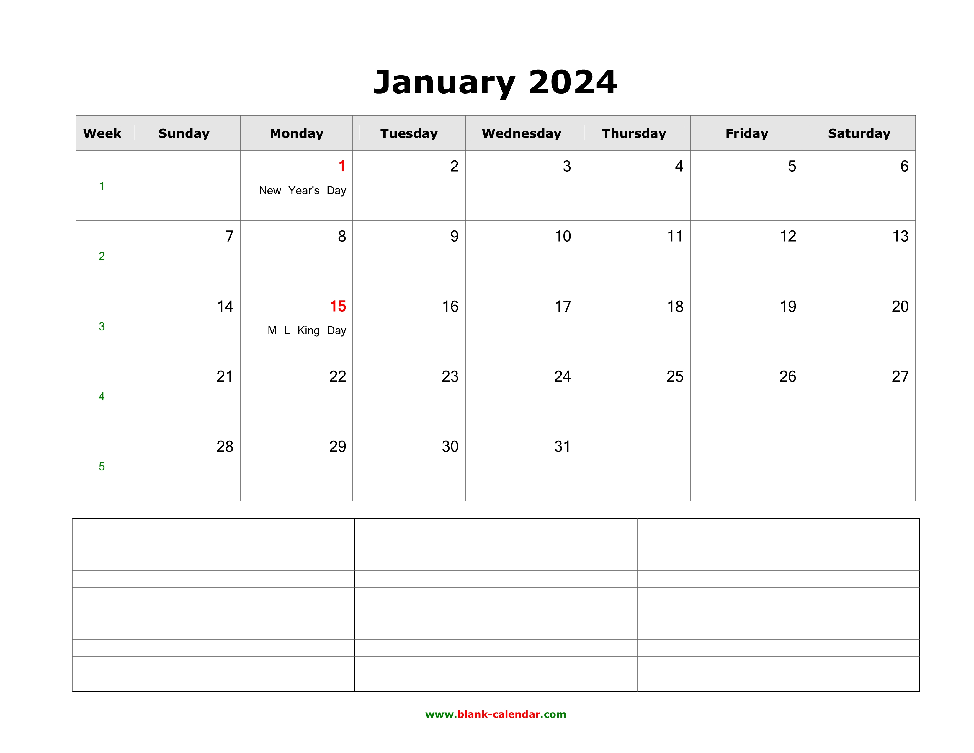 Download Blank Calendar 2024 with Space for Notes (12 pages, one month
