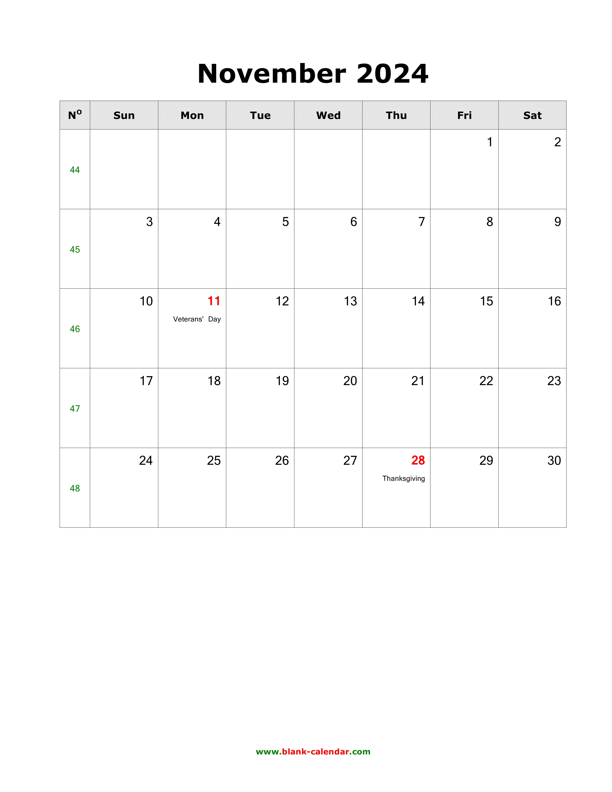 Download November 2024 Blank Calendar with US Holidays (vertical)