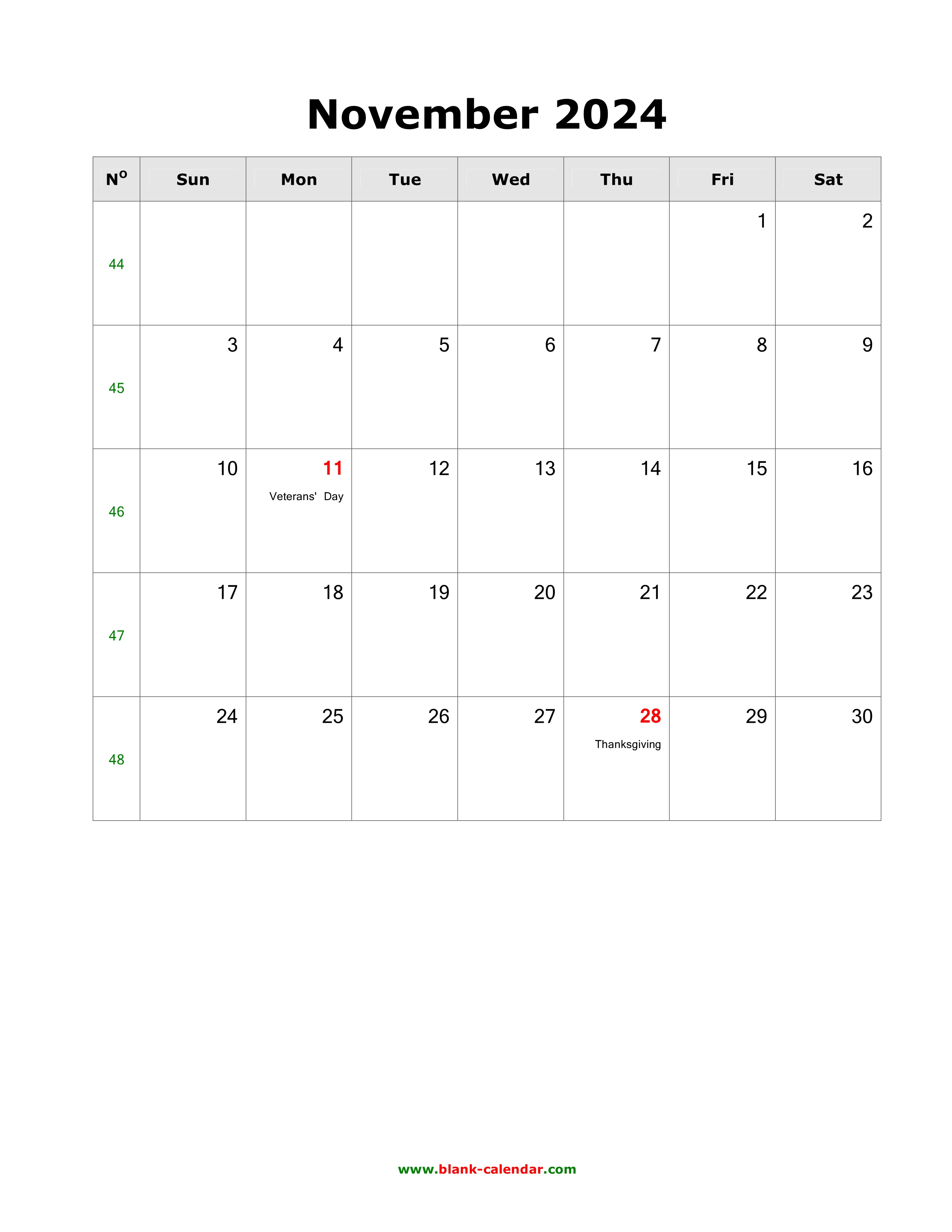 Download November 2024 Blank Calendar With Us Holidays Vertical