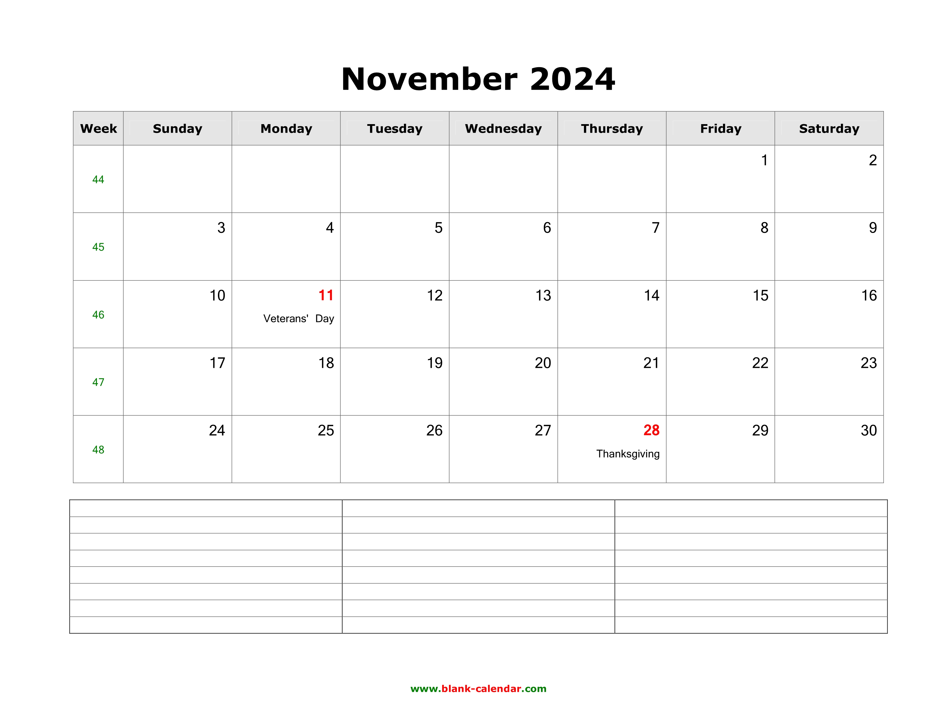 Download November 2024 Blank Calendar with Space for Notes (horizontal)