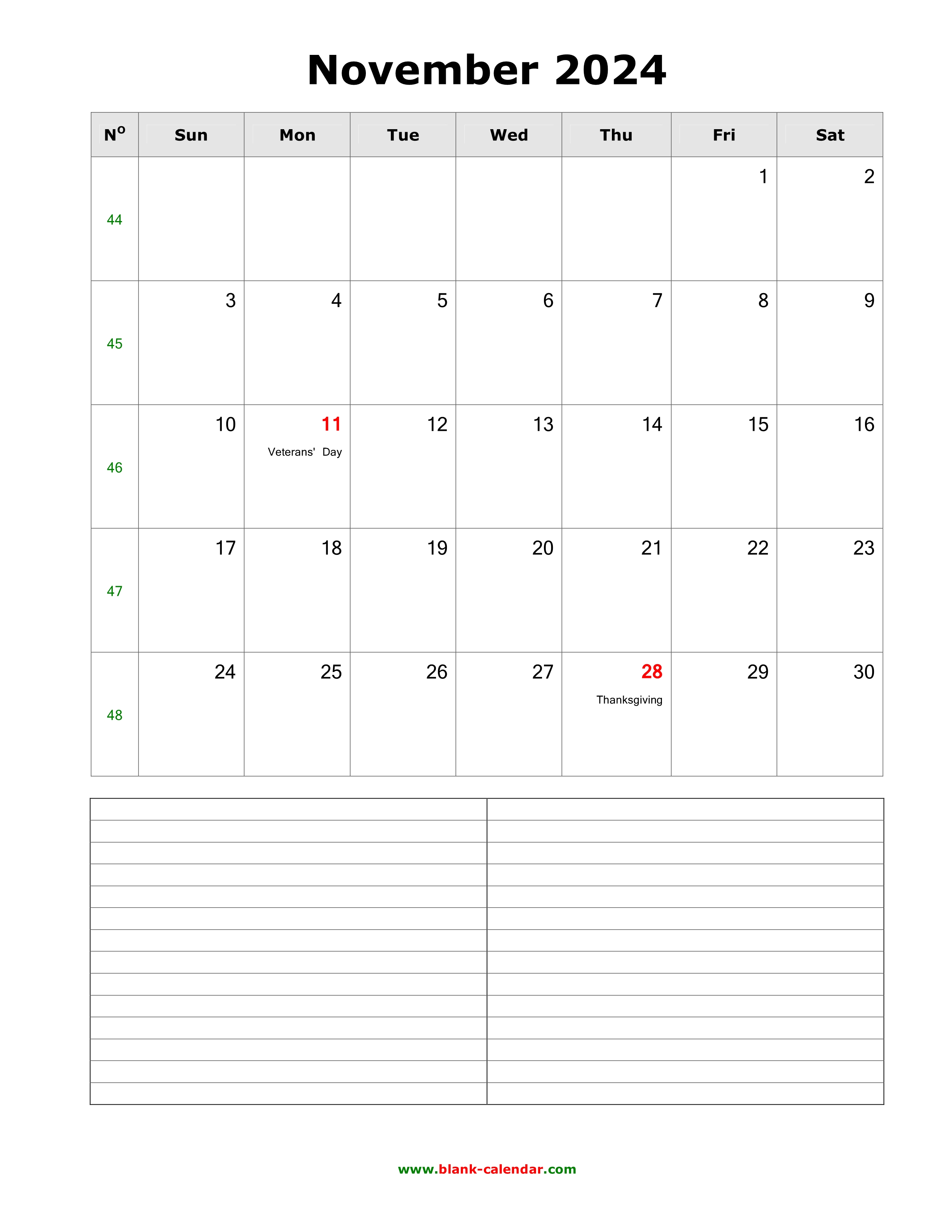 Download November 2024 Blank Calendar with Space for Notes (vertical)