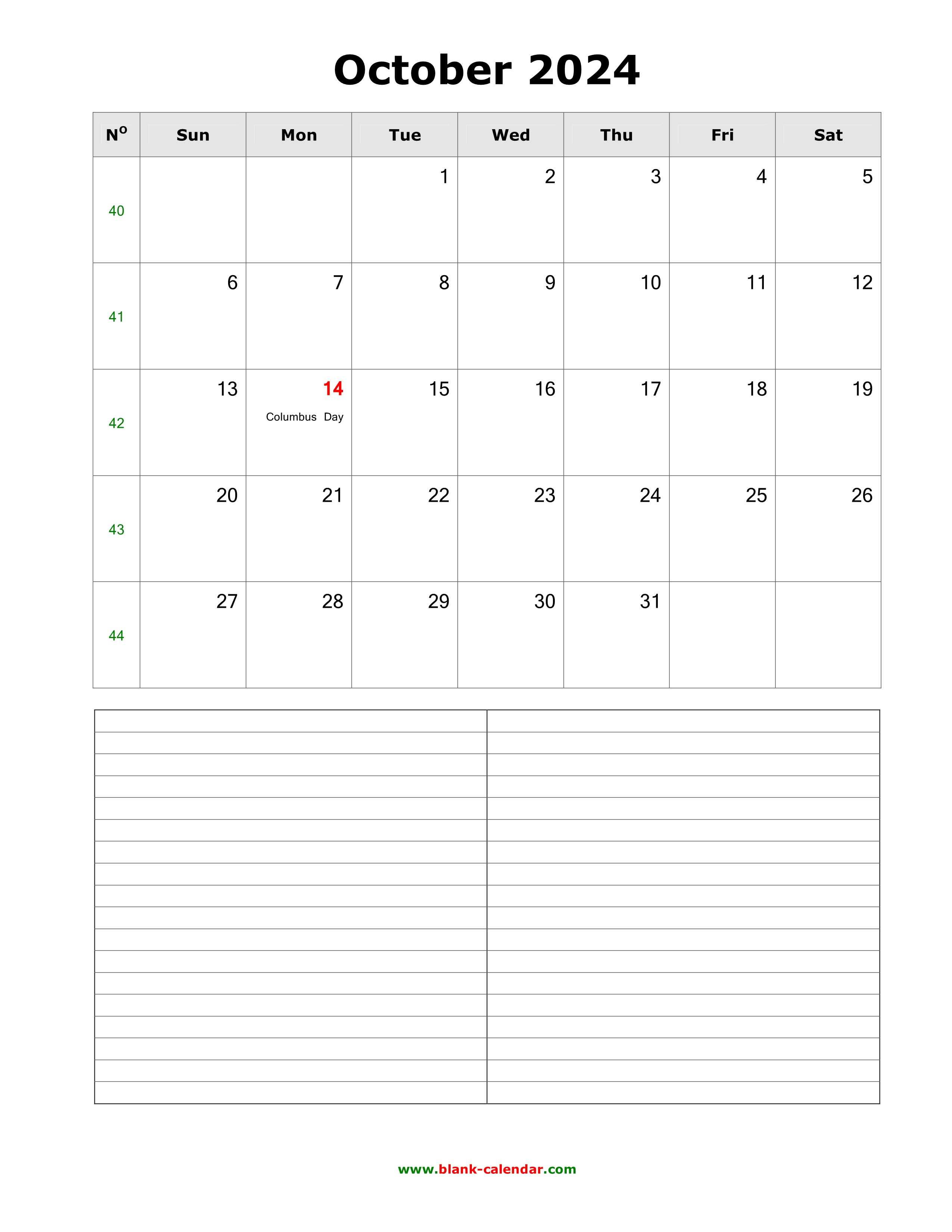 Download October 2024 Blank Calendar with Space for Notes (vertical)