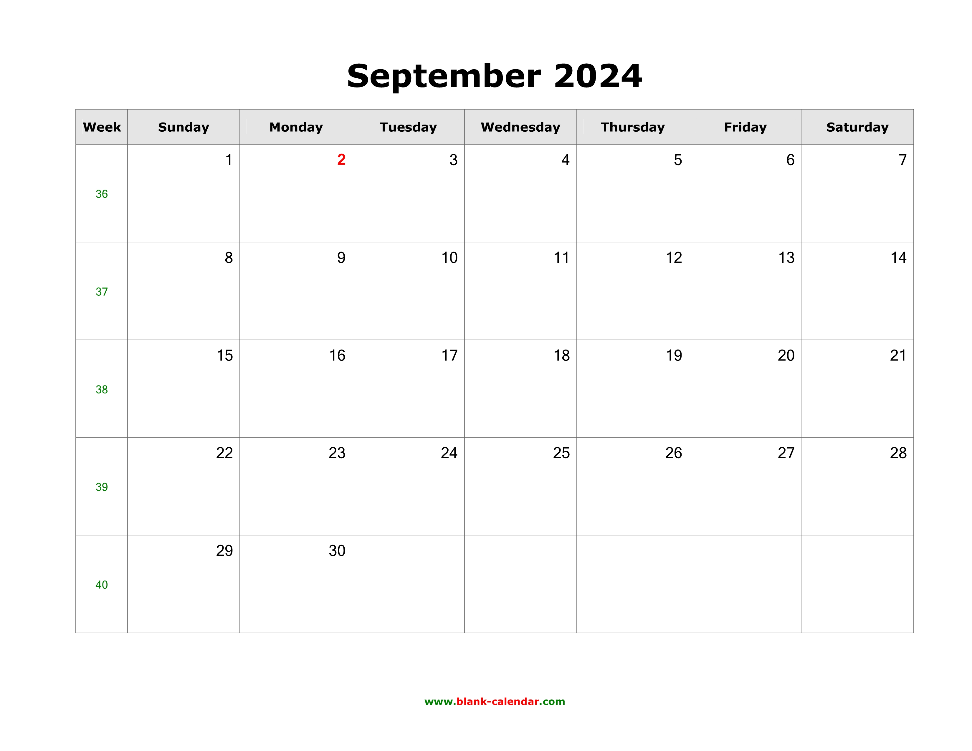 Download September 2024 Blank Calendar (horizontal)