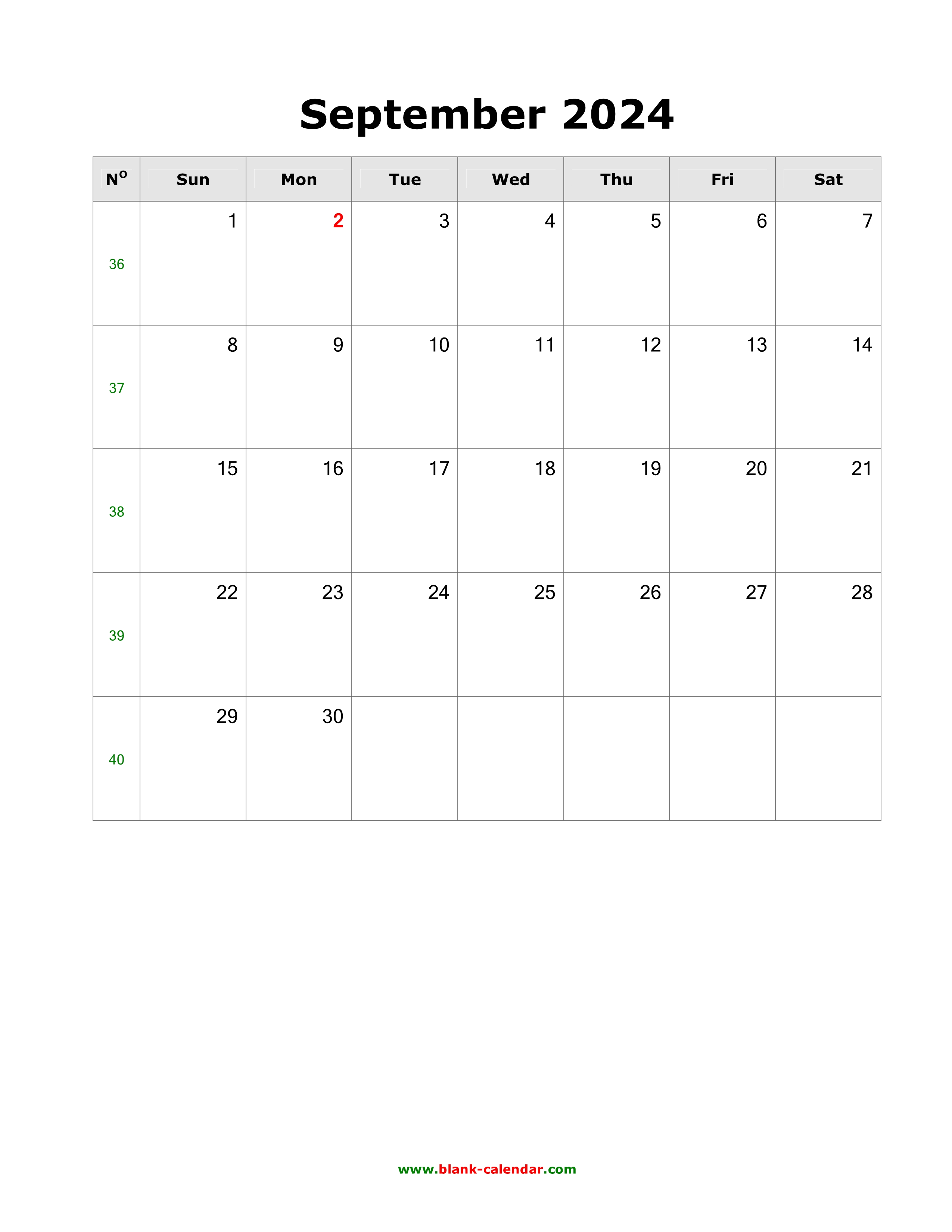 Download September 2024 Blank Calendar (vertical)