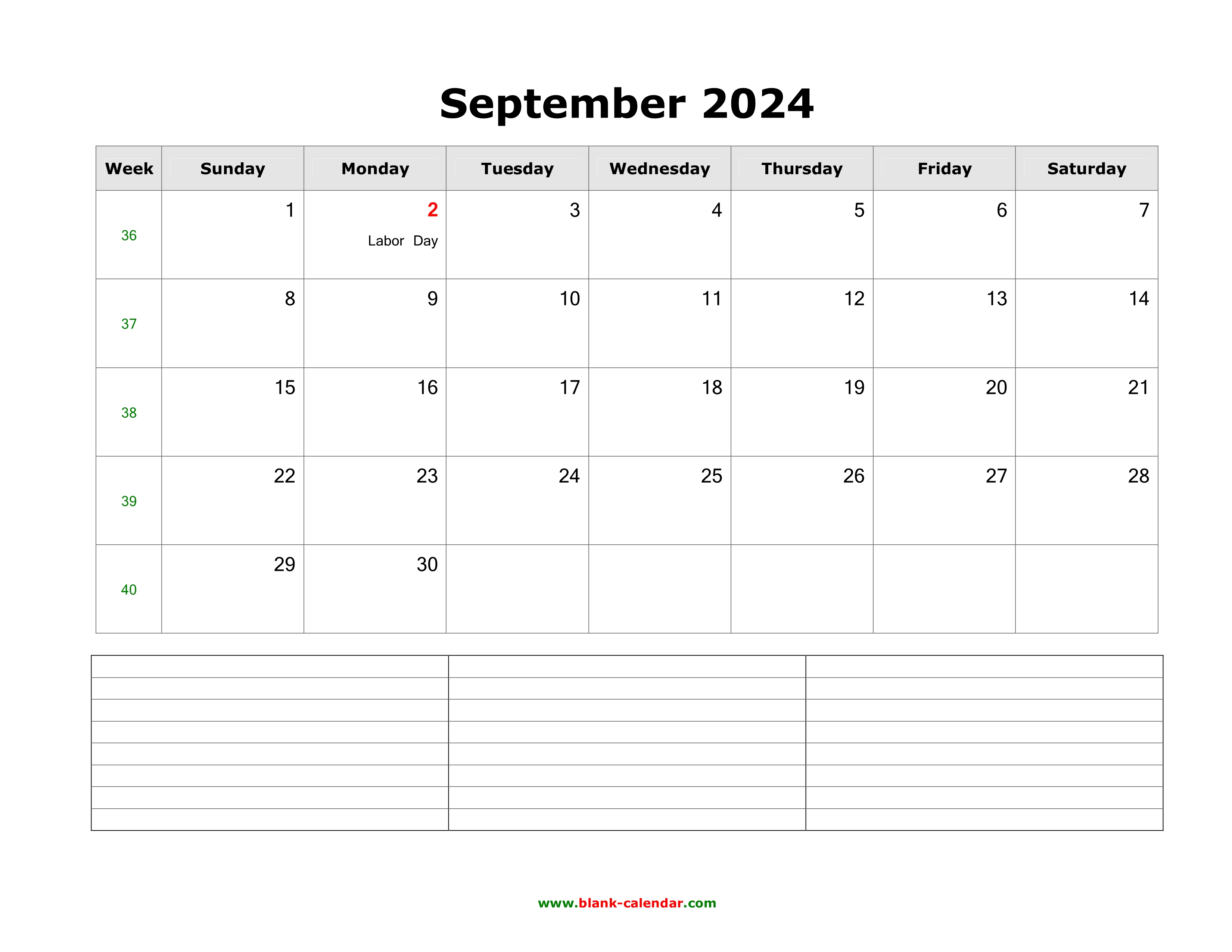 Download September 2024 Blank Calendar with Space for Notes (horizontal)