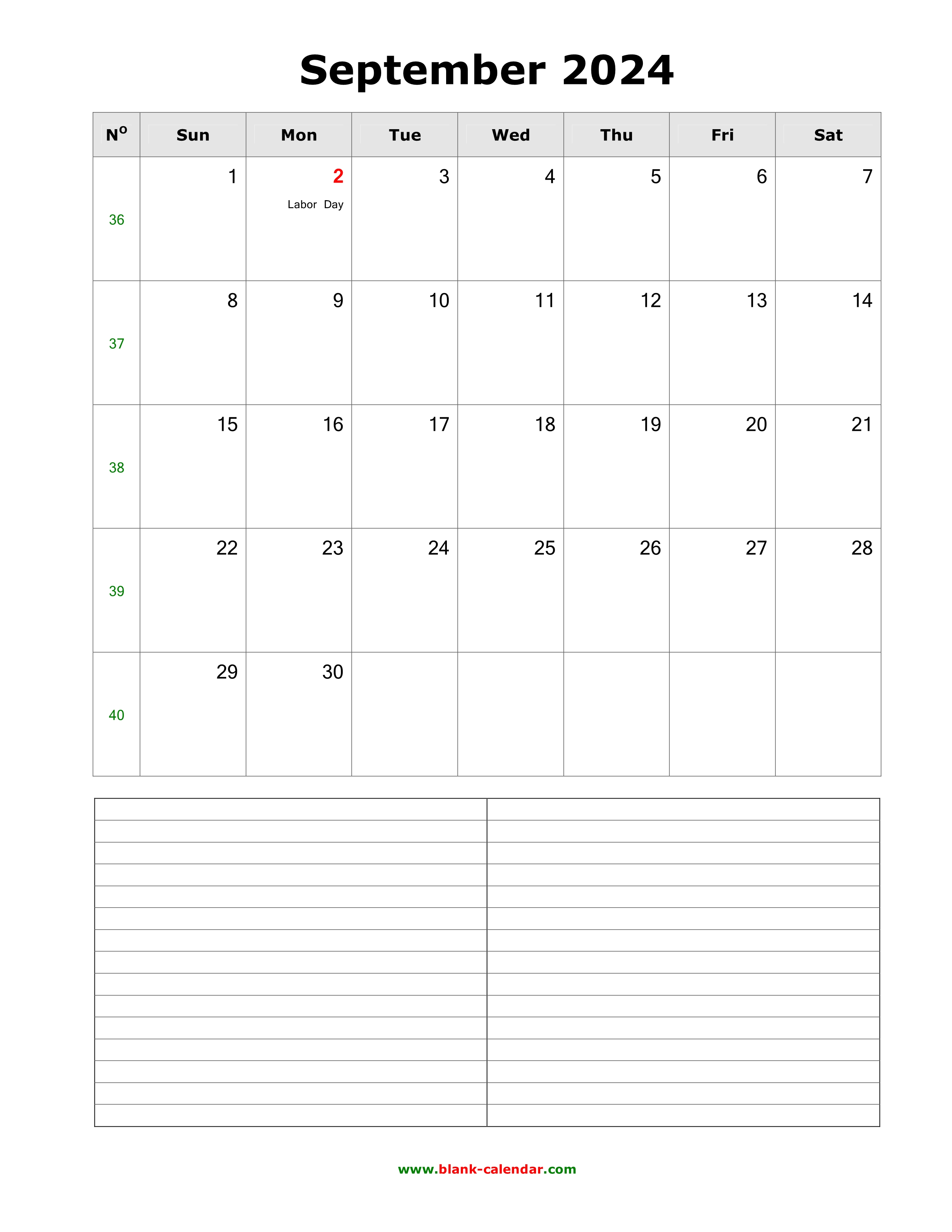 Download September 2024 Blank Calendar with Space for Notes (vertical)