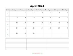 April 2024 Blank Calendar (horizontal, space for notes)