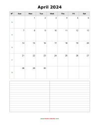 April 2024 Blank Calendar (vertical, space for notes)