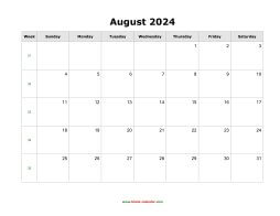 August 2024 Blank Calendar (horizontal)