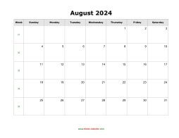 blank august holidays calendar 2024 landscape