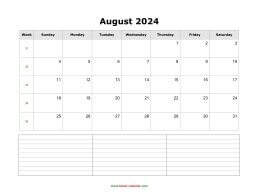 blank august calendar 2024 with notes landscape