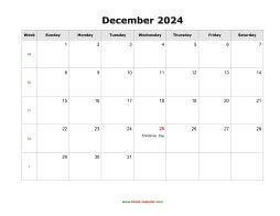 blank december holidays calendar 2024 landscape