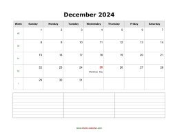 blank december calendar 2024 with notes landscape