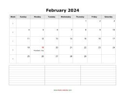 February 2024 Blank Calendar (horizontal, space for notes)