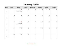 January 2024 Blank Calendar with US Holidays (horizontal)