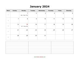 January 2024 Blank Calendar (horizontal, space for notes)