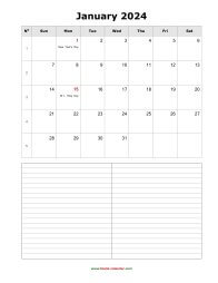 blank january calendar 2024 with notes portrait