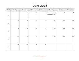 July 2024 Blank Calendar with US Holidays (horizontal)