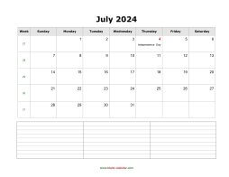 blank july calendar 2024 with notes landscape