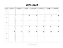 June 2024 Blank Calendar (horizontal)