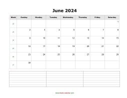 June 2024 Blank Calendar (horizontal, space for notes)