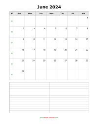 June 2024 Blank Calendar (vertical, space for notes)