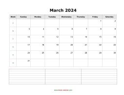March 2024 Blank Calendar (horizontal, space for notes)